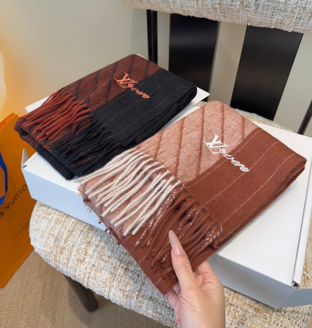 LV Scarf 180cm Brown Beige Wool Cashmere 977015