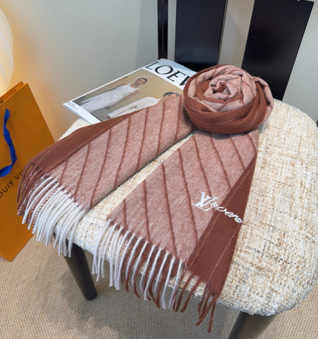 LV Scarf 180cm Brown Beige Wool Cashmere 977015