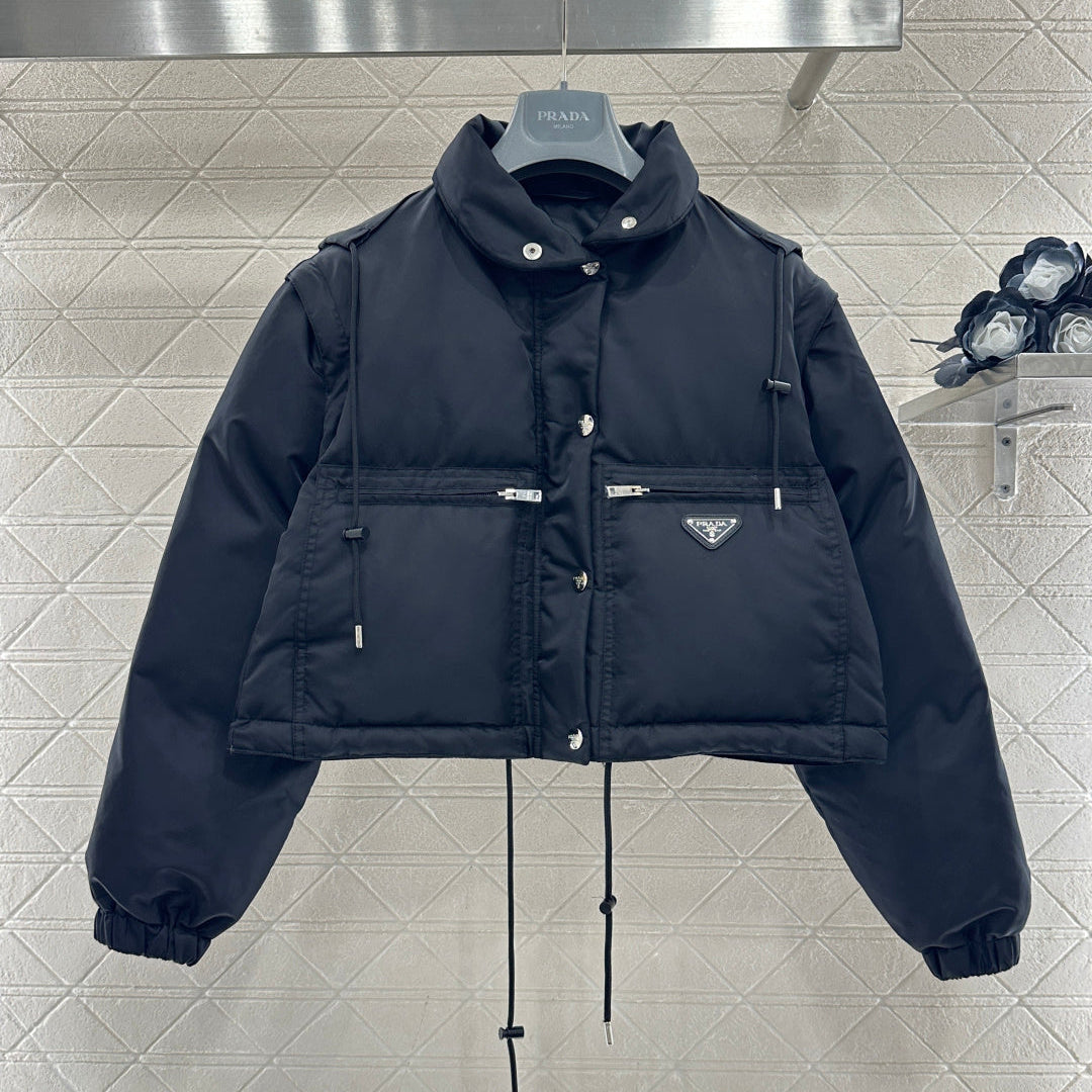 Prada 2025  Cropped Jacket With Detachable Sleeves Black Re-Nylon Down