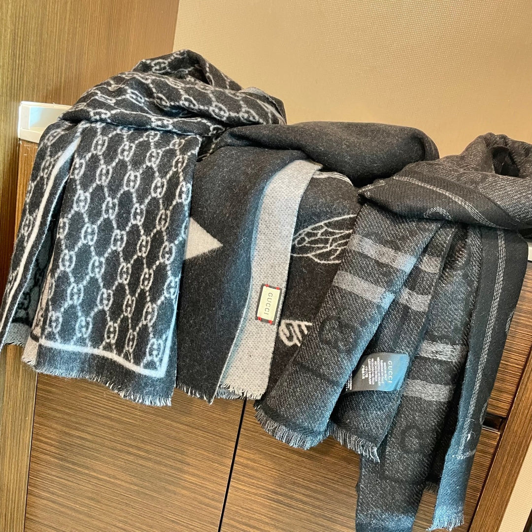 GG Double G Jacquard Scarf 180CM  Black Wool 283099
