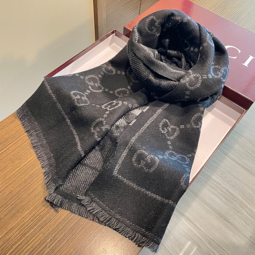 GG Double G Jacquard Scarf 180CM  Black Wool 283097