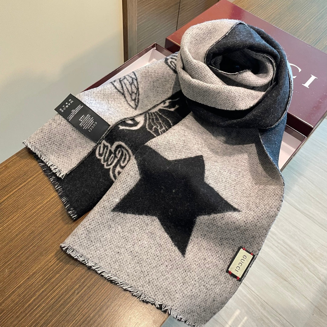 GG Double G Jacquard Scarf 180CM  Black Gray Wool 283098