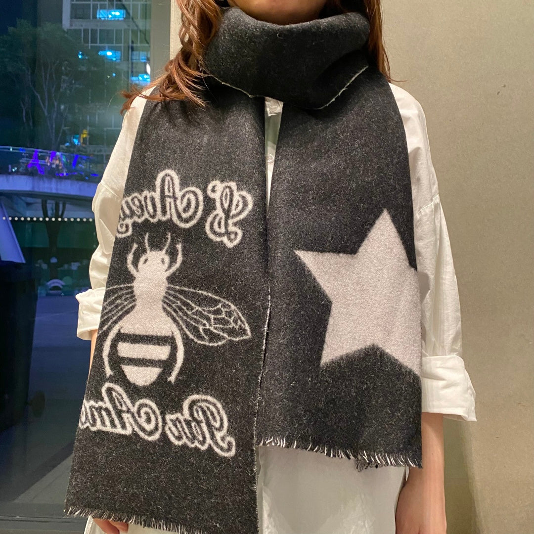 GG Double G Jacquard Scarf 180CM  Black Gray Wool 283098