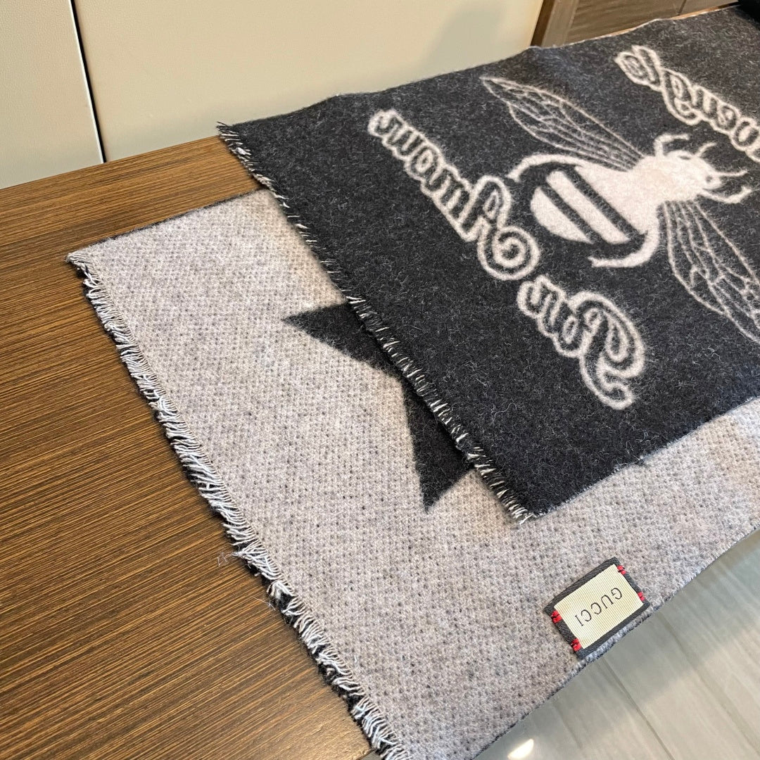 GG Double G Jacquard Scarf 180CM  Black Gray Wool 283098