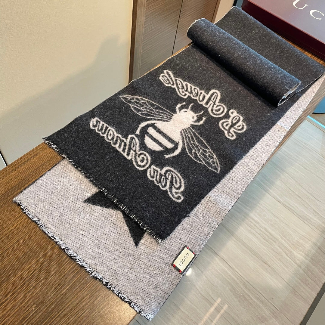 GG Double G Jacquard Scarf 180CM  Black Gray Wool 283098