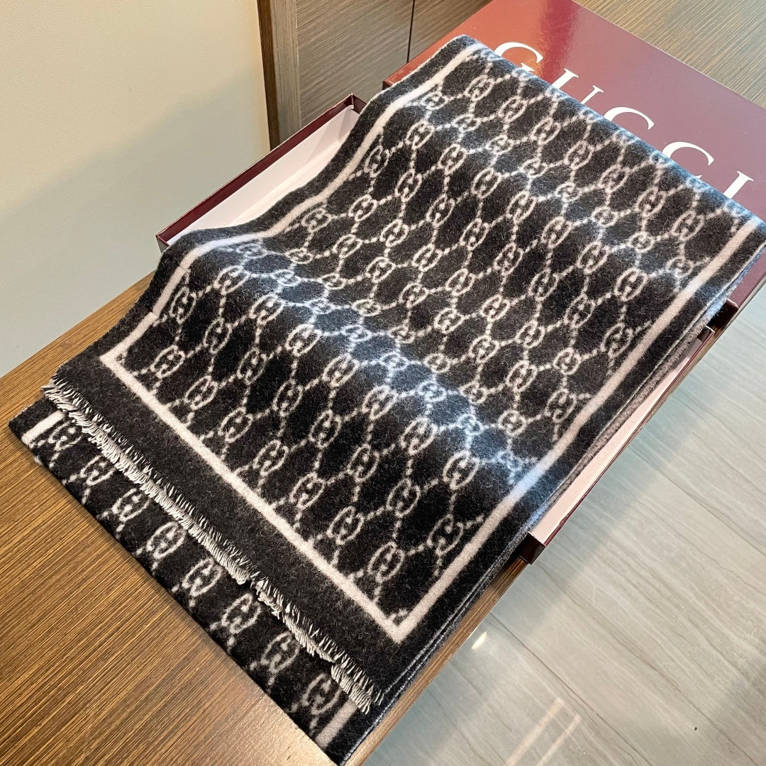 GG Double G Jacquard Scarf 180CM  Black Wool 283099