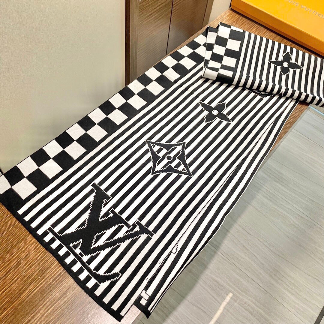 LV Unisex Scarf Scarf 180cm Black White Cashmere 968477