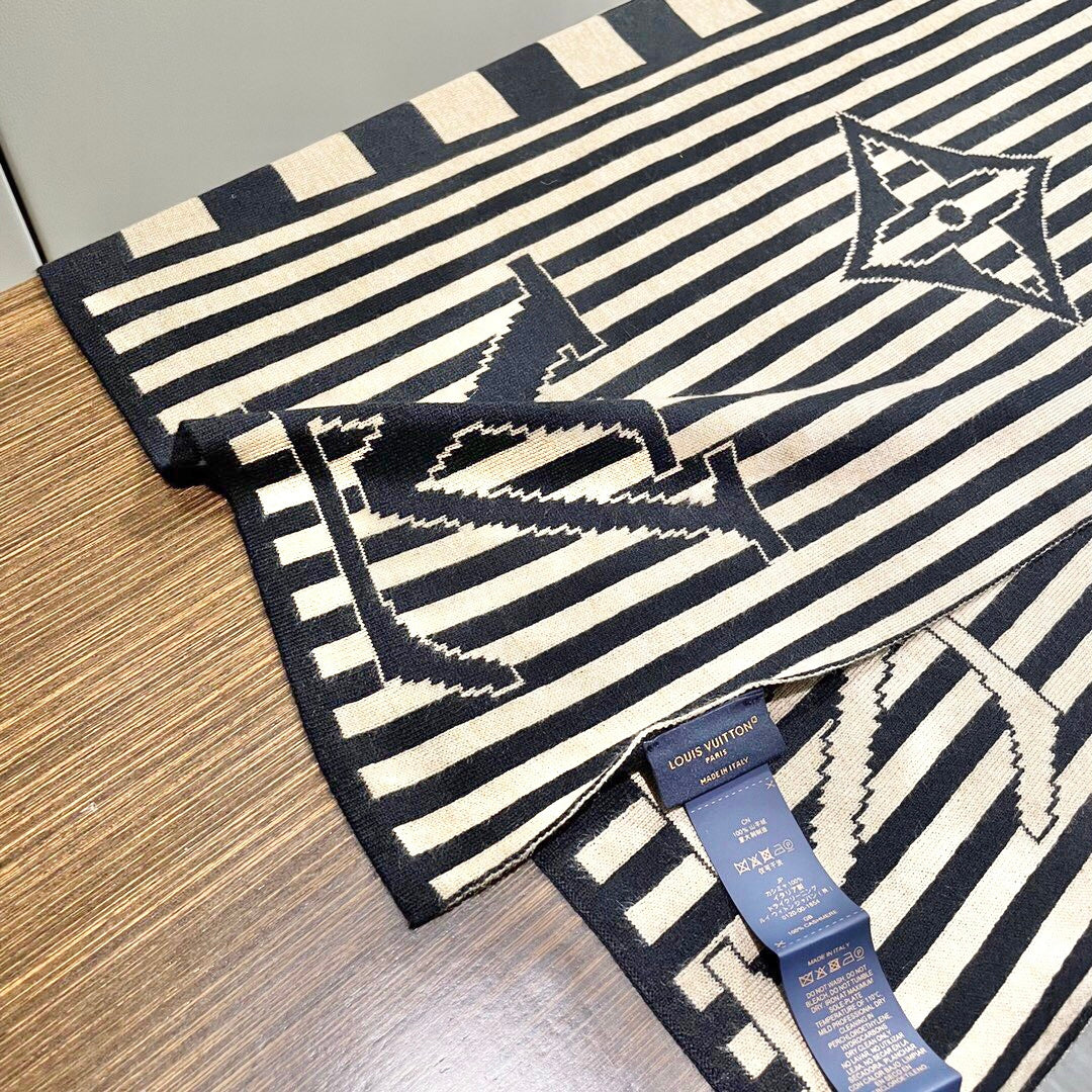 LV Unisex Scarf Scarf 180cm Black Beige Cashmere 968478