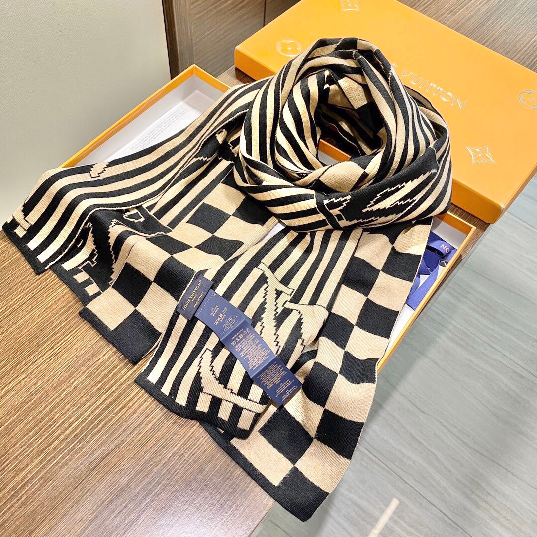 LV Unisex Scarf Scarf 180cm Black Beige Cashmere 968478