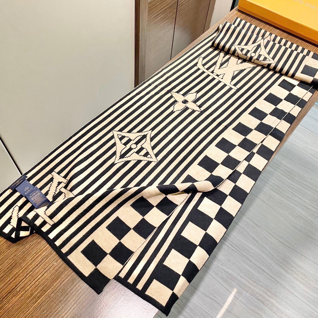 LV Unisex Scarf Scarf 180cm Black Beige Cashmere 968478