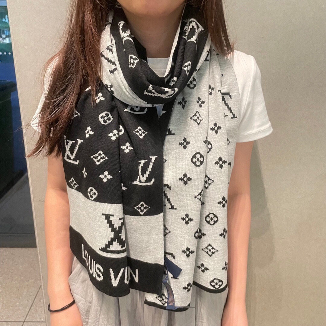 LV  25s Scarf 200cm Black Light Gray Cashmere 973132
