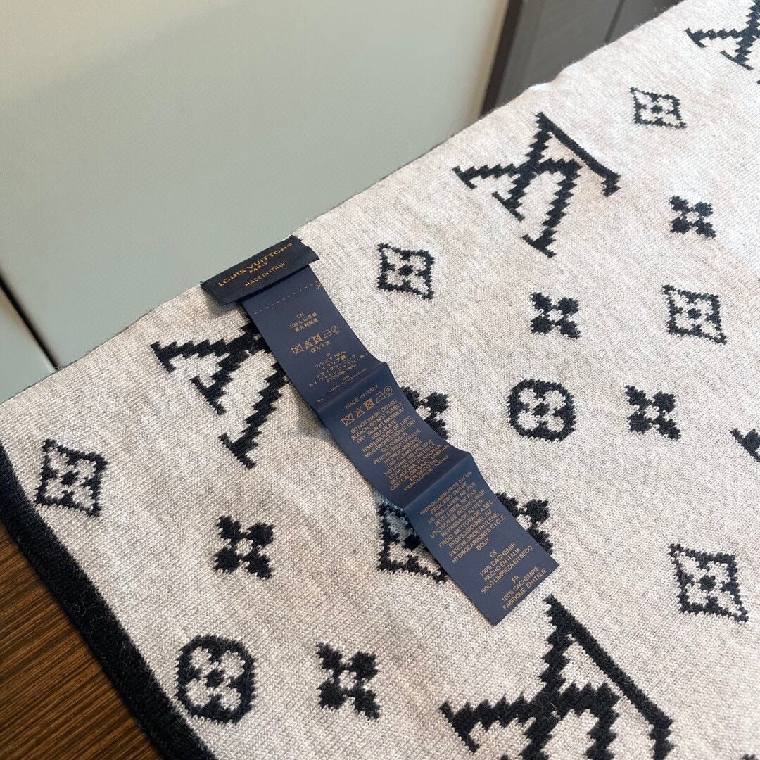 LV  25s Scarf 200cm Black Light Gray Cashmere 973132