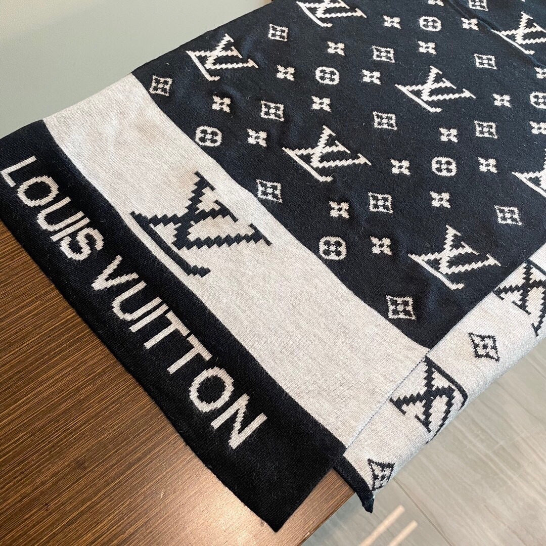 LV  25s Scarf 200cm Black Light Gray Cashmere 973132