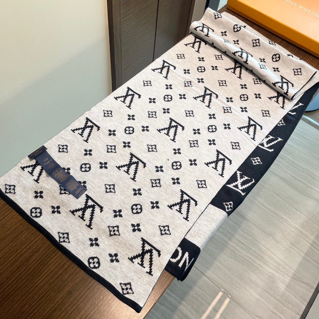LV  25s Scarf 200cm Black Light Gray Cashmere 973132