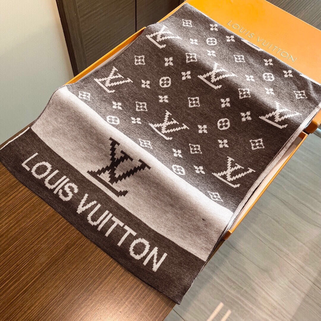 LV  25s Scarf 200cm Brown Light Gray Cashmere 973133