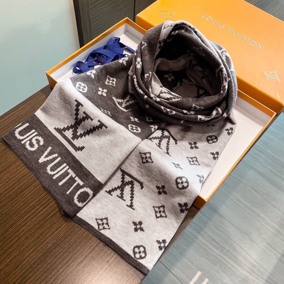 LV  25s Scarf 200cm Brown Light Gray Cashmere 973133