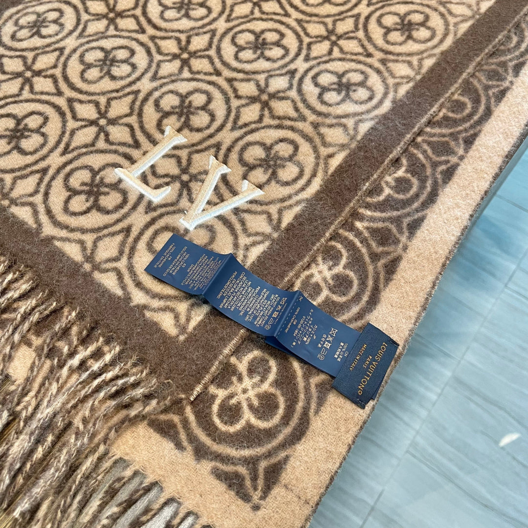 LV  25s Scarf 200cm Brown Beige Woolen 973138