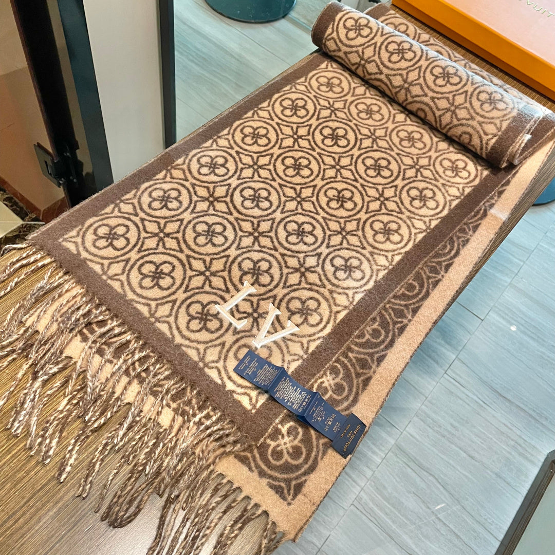 LV  25s Scarf 200cm Brown Beige Woolen 973138