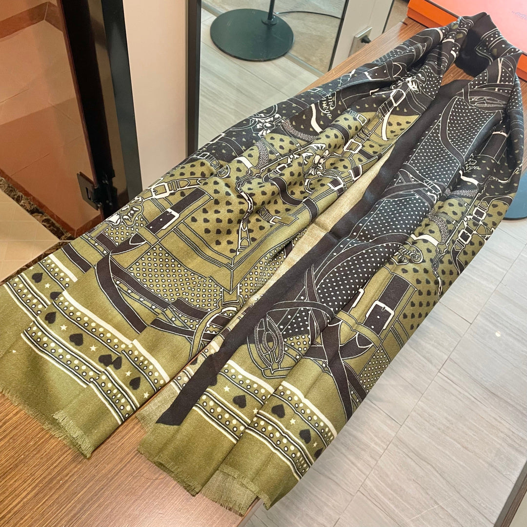 LV Long Scarf 200cm Green Black Cashmere 973163