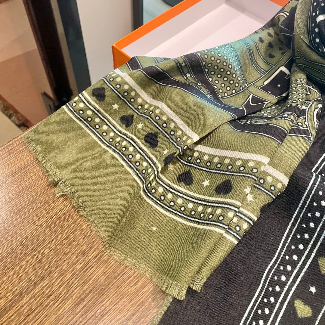 LV Long Scarf 200cm Green Black Cashmere 973163
