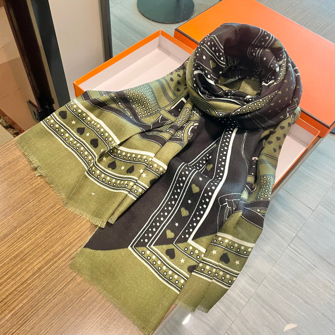 LV Long Scarf 200cm Green Black Cashmere 973163