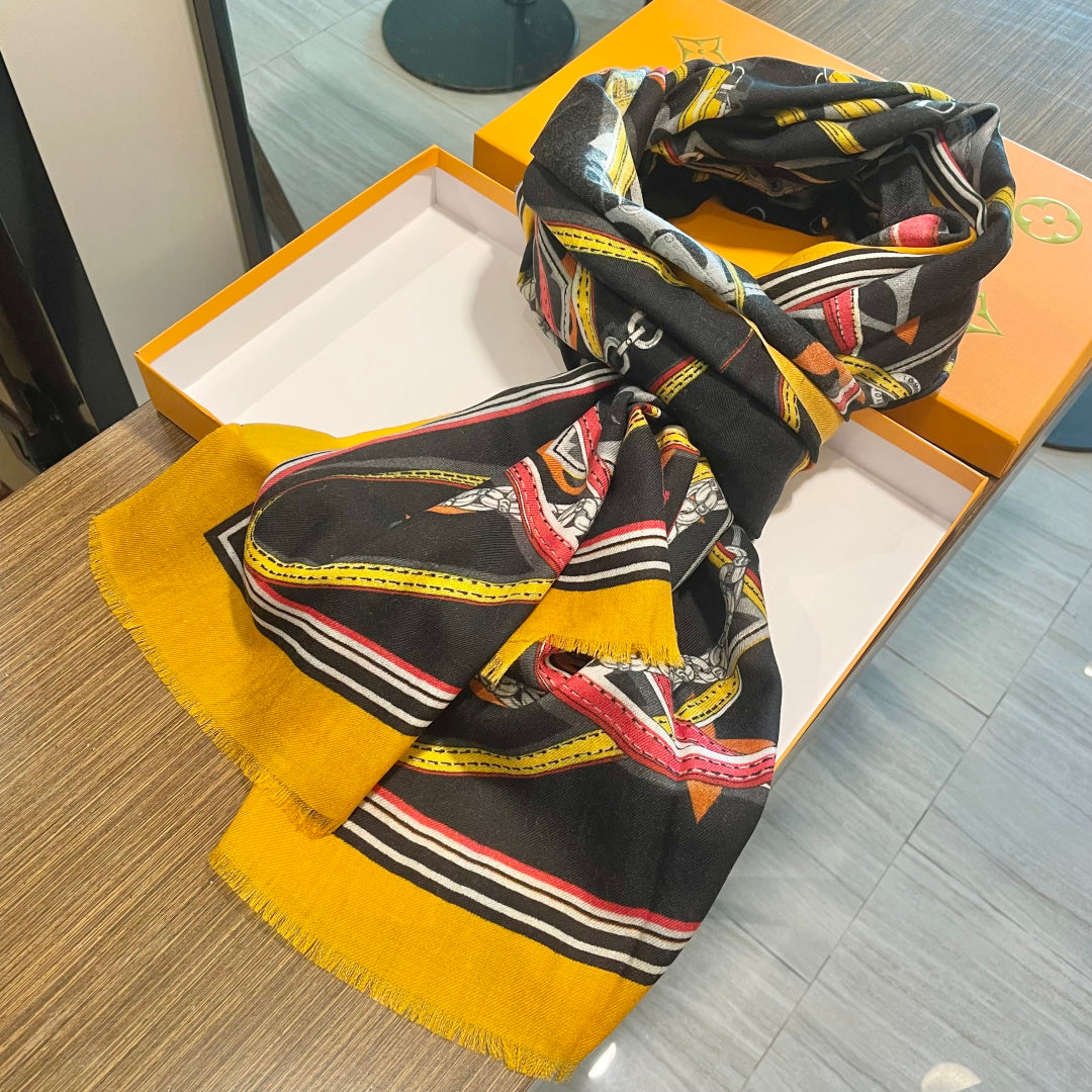 LV Long Scarf 200cm Yellow Black Cashmere 973164