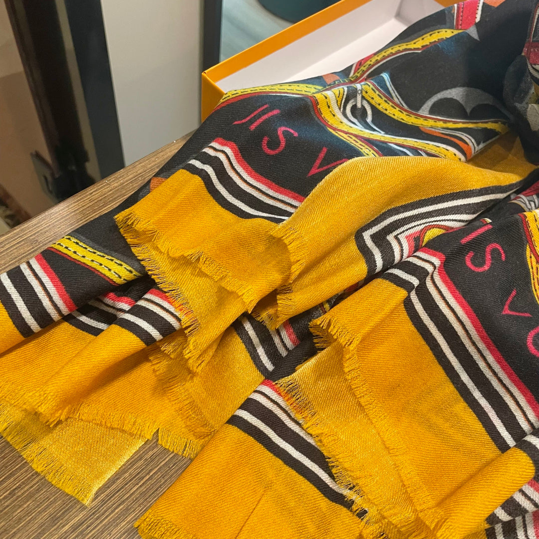 LV Long Scarf 200cm Yellow Black Cashmere 973164