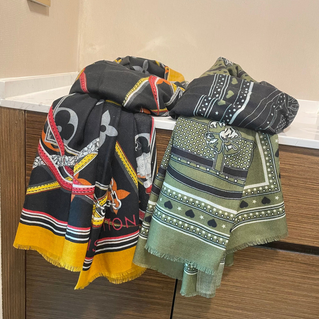 LV Long Scarf 200cm Yellow Black Cashmere 973164