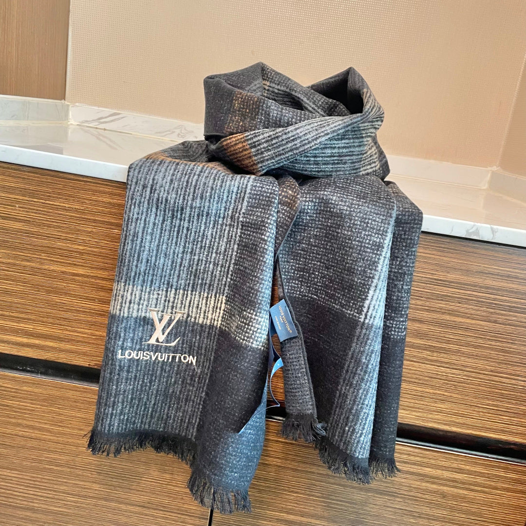 LV Scarf 180cm Black Gray Wool Cashmere 976830