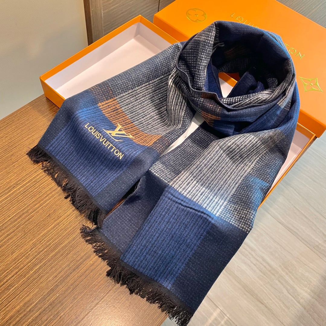 LV Scarf 180cm Blue Gray Wool Cashmere 976832