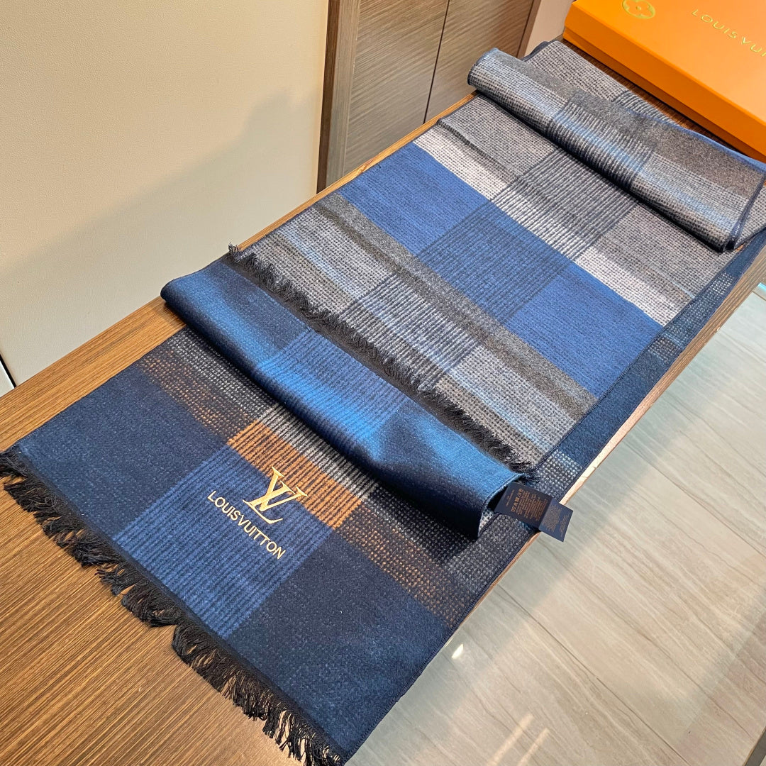 LV Scarf 180cm Blue Gray Wool Cashmere 976832