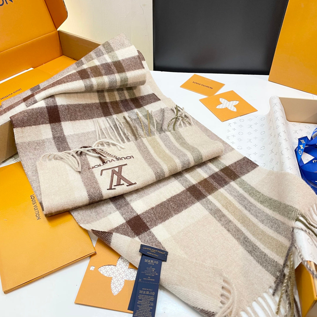 LV Scarf 180cm Beige Brown Wool Cashmere 976836