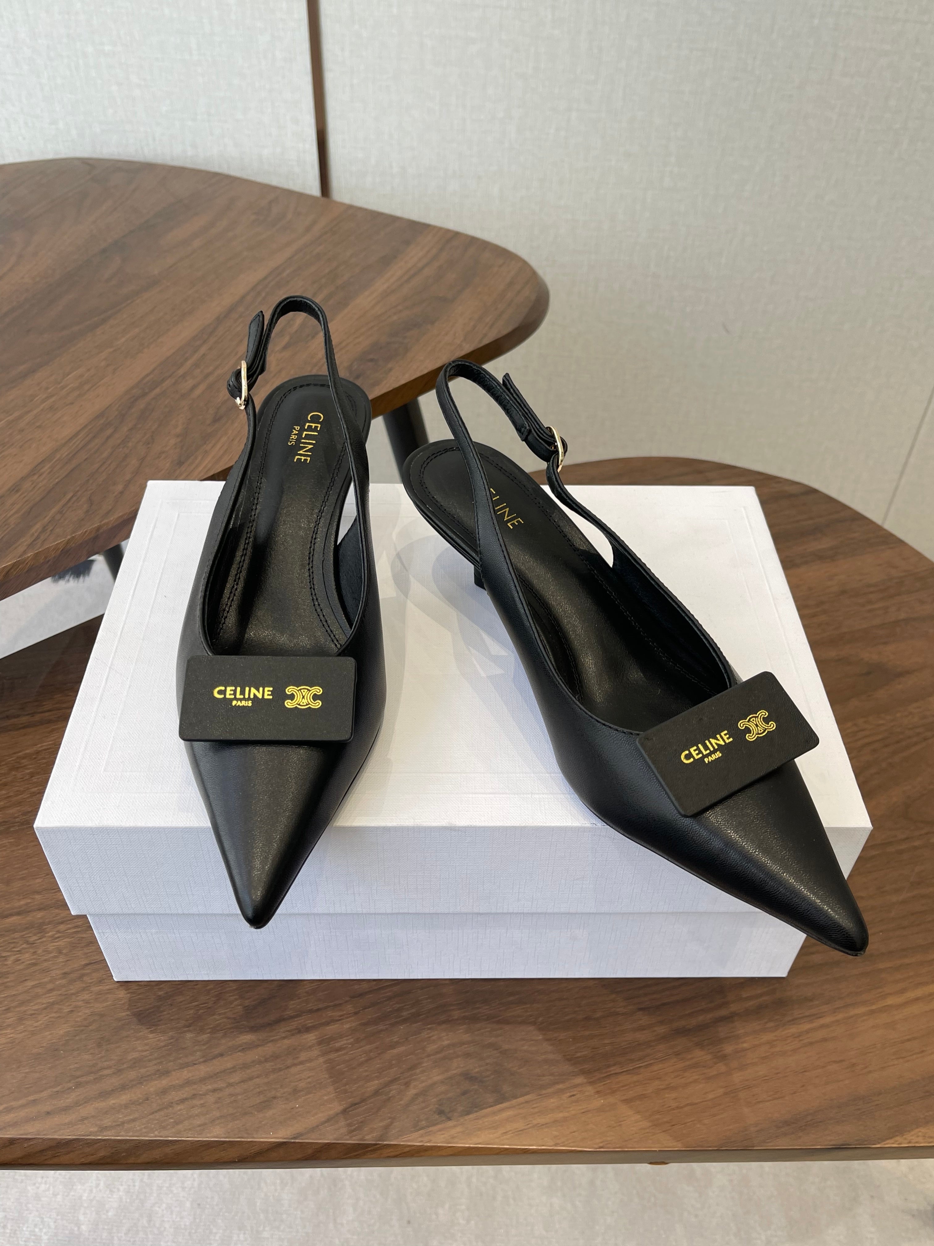 Celine 26  Pointed-Toe Slingback Black Sheepskin 624686