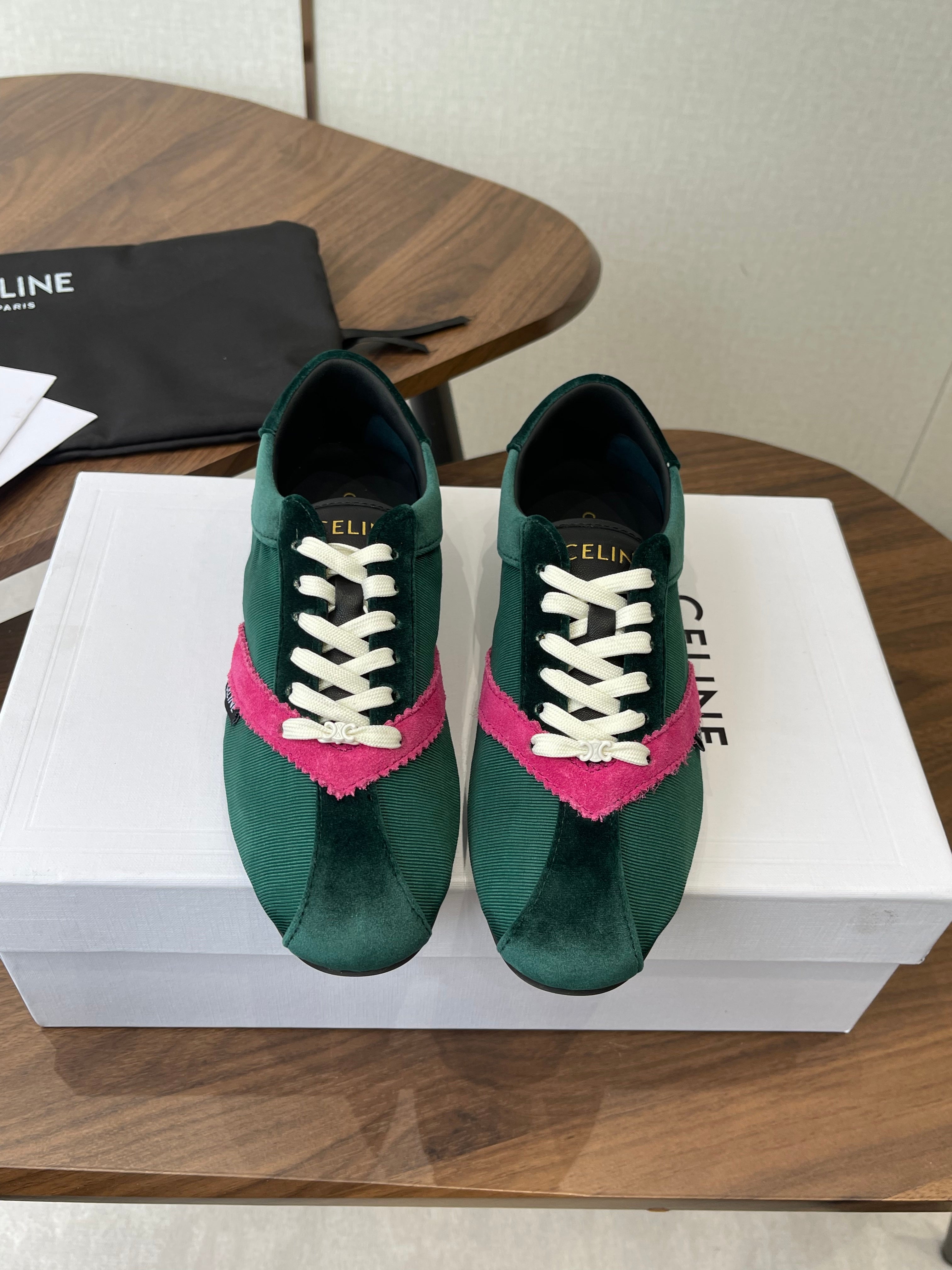 Celine 26 Flat Sneaker Dark Green Pink Canvas Suede 624715