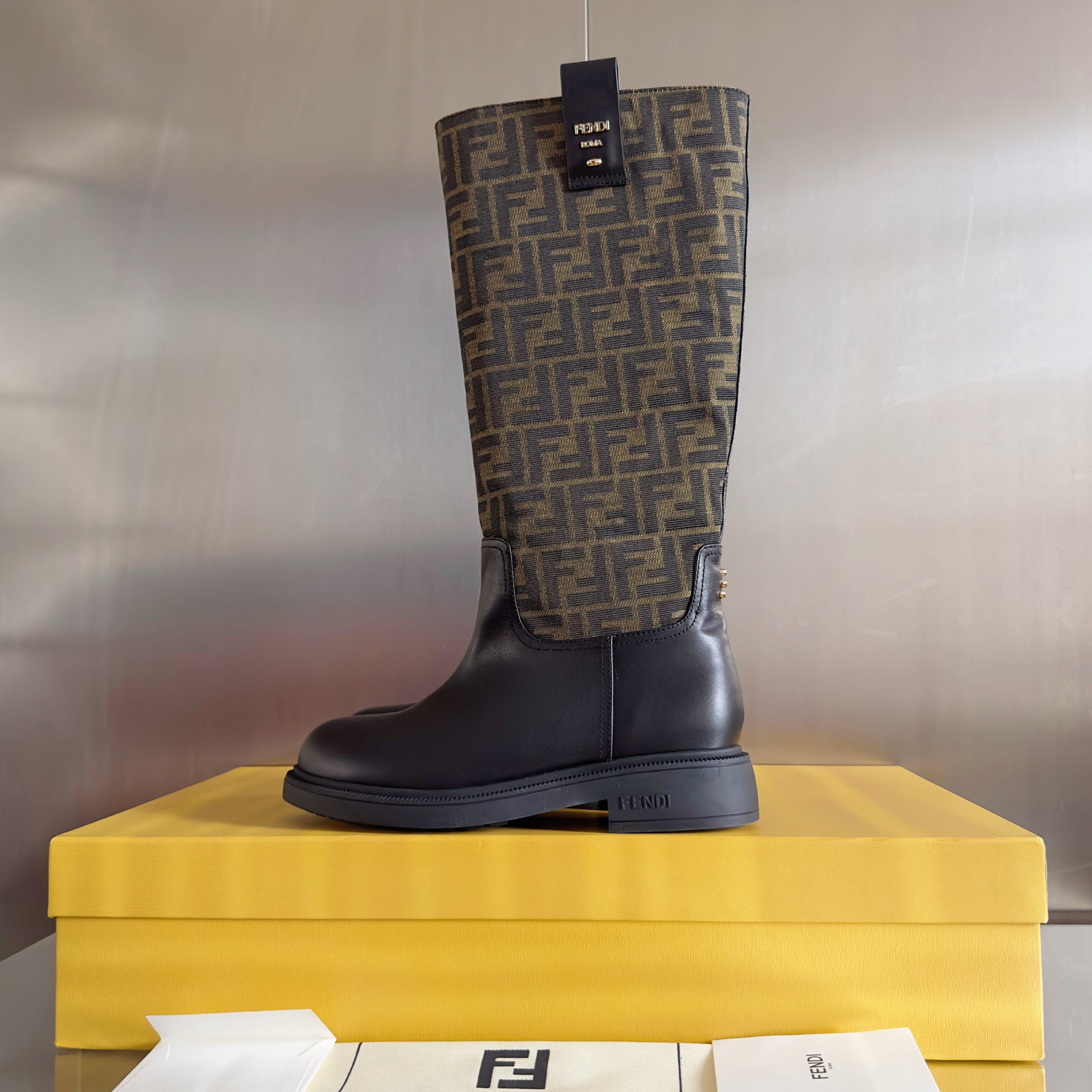Fendi 2025 Filo Black Sheepskin and Brown FF Fabric Boot 553107
