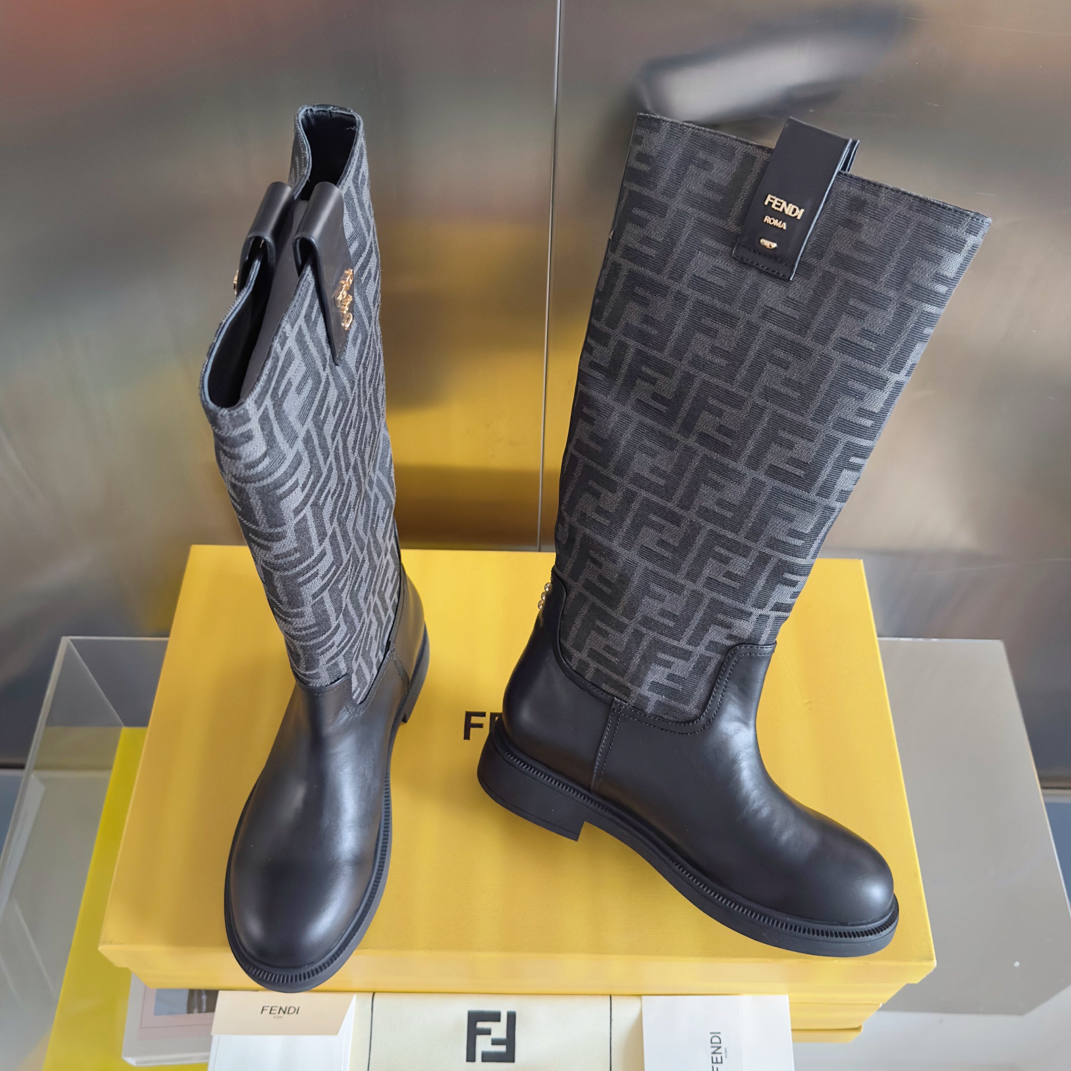 Fendi 2025 Filo Black Sheepskin and FF Fabric Boot 553108