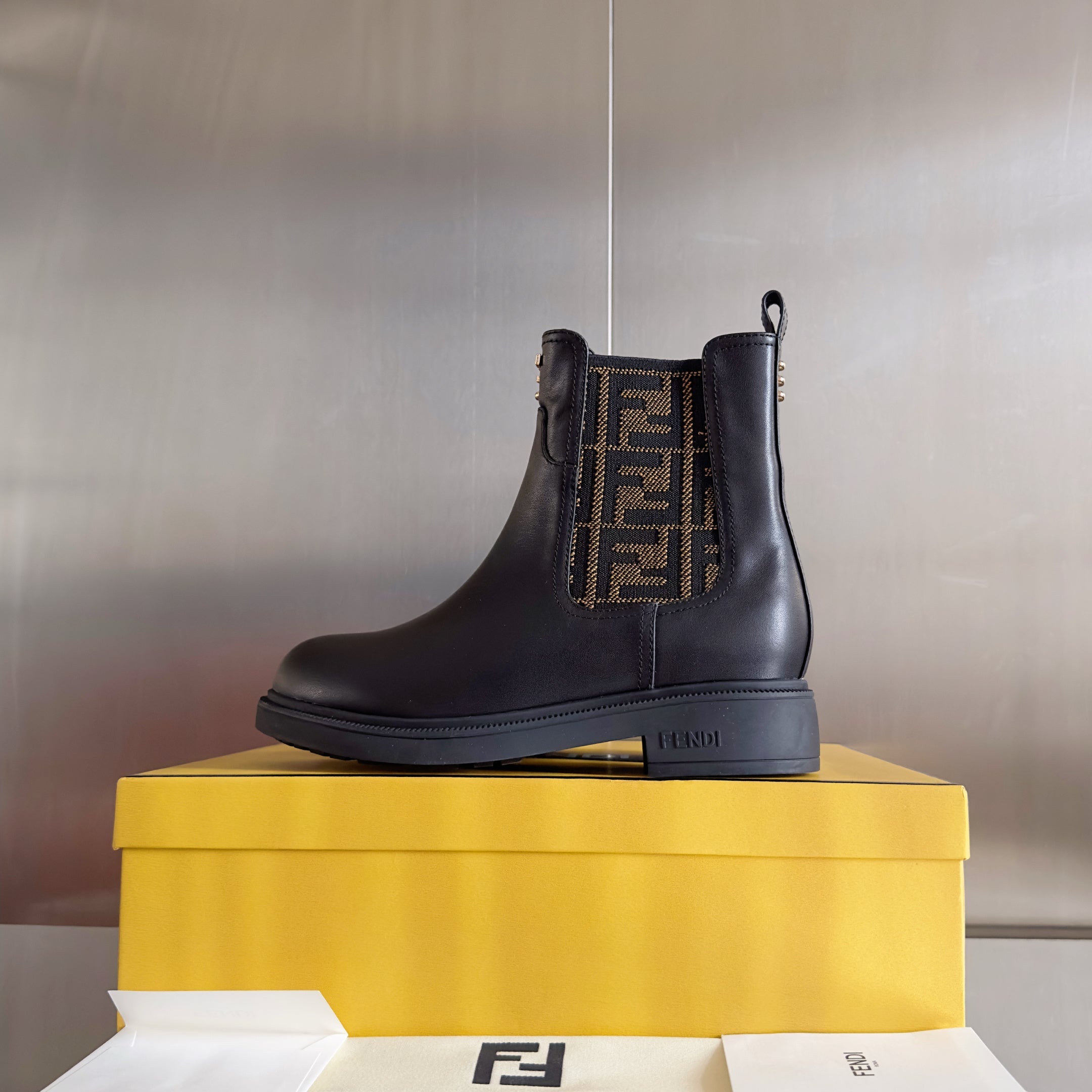 Fendi 2025 FF Monogram Chelsea Boot Black Brown Leather Fabric  553105