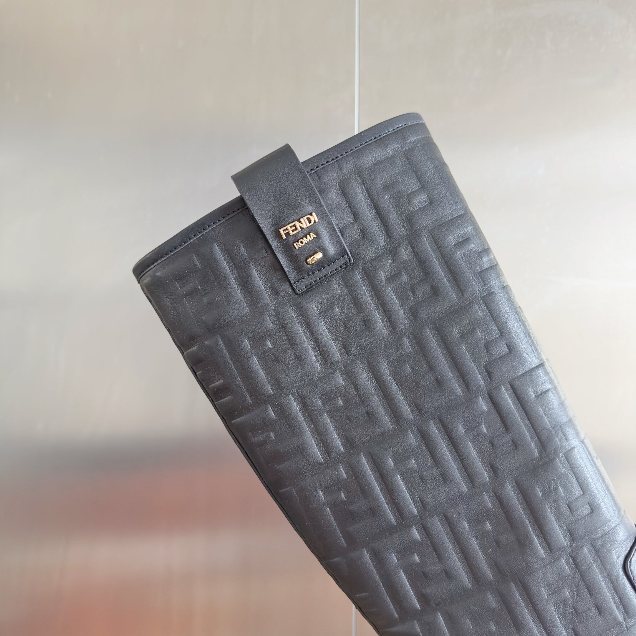 Fendi 2025 Monogram Embossed Long Boot Black Sheepskin 553110