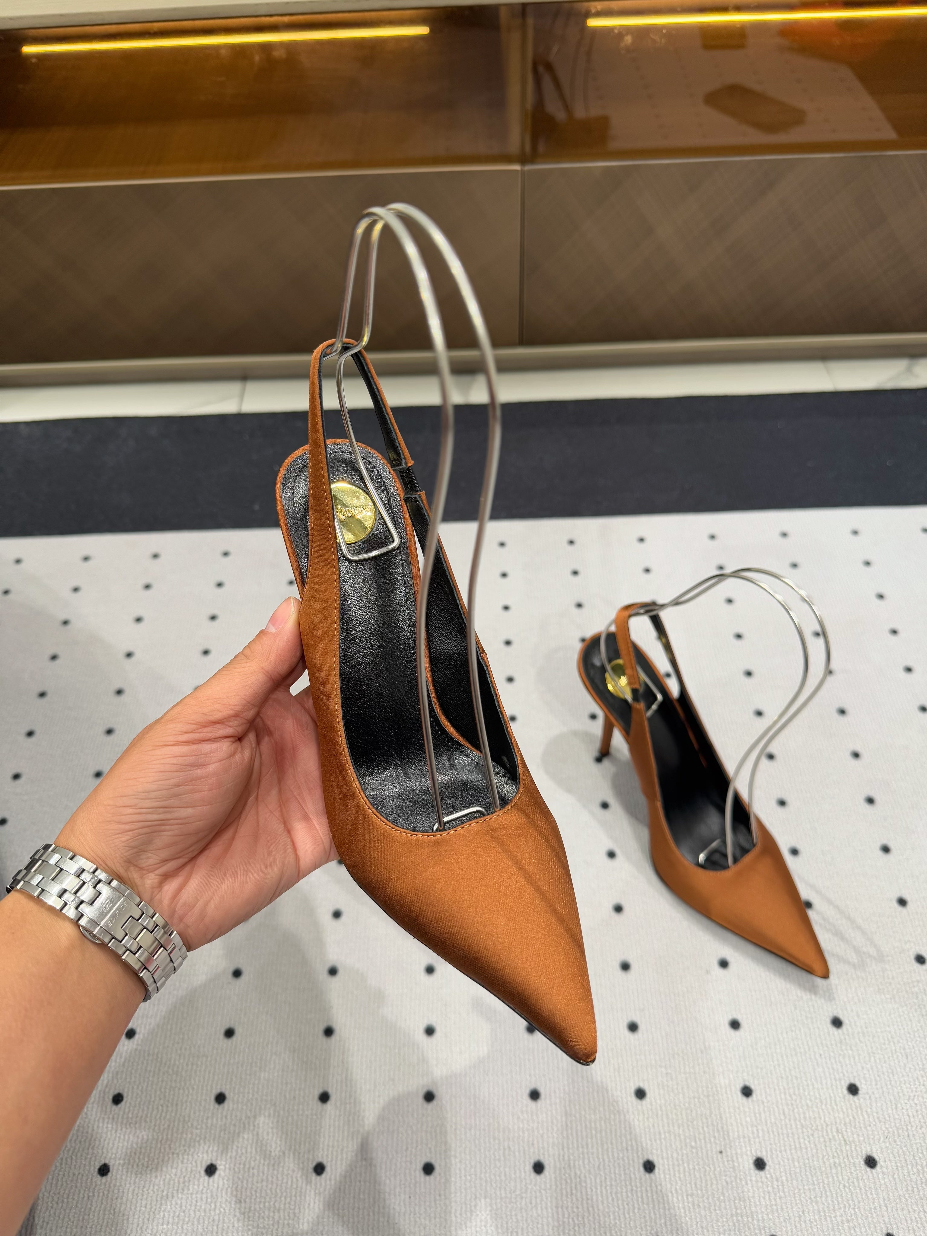 L'ENTRACTE SLINGBACK PUMPS IN BRONZE BROWN SATIN