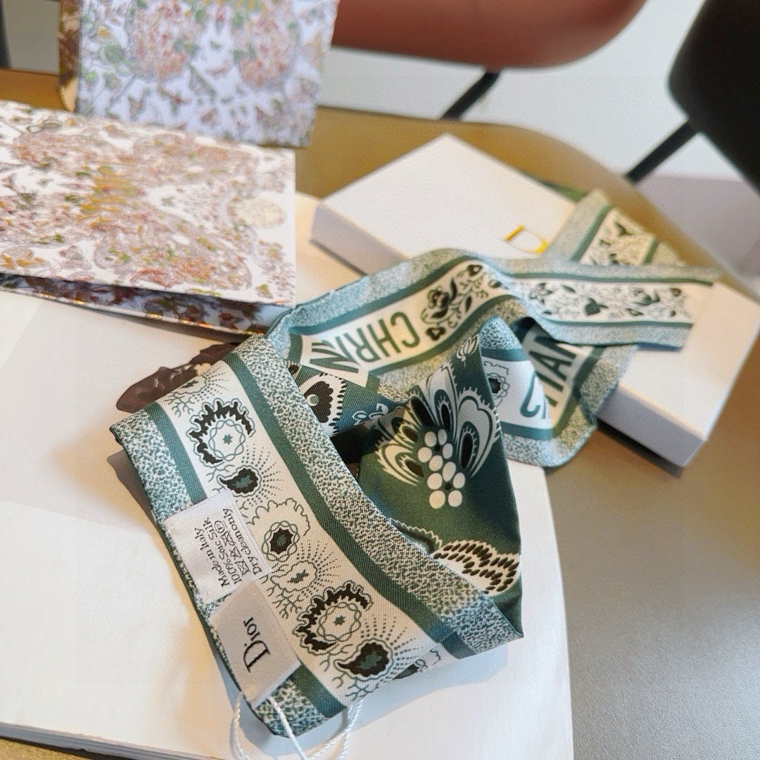 CD Twilly Mini Scarf 105cm Teal Black Mulberry Silk 668640