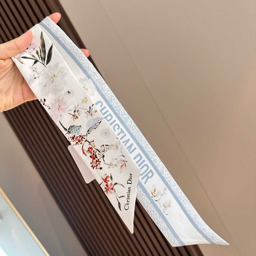 CD Twilly Mini Scarf 105cm White Baby Blue Mulberry Silk 766735