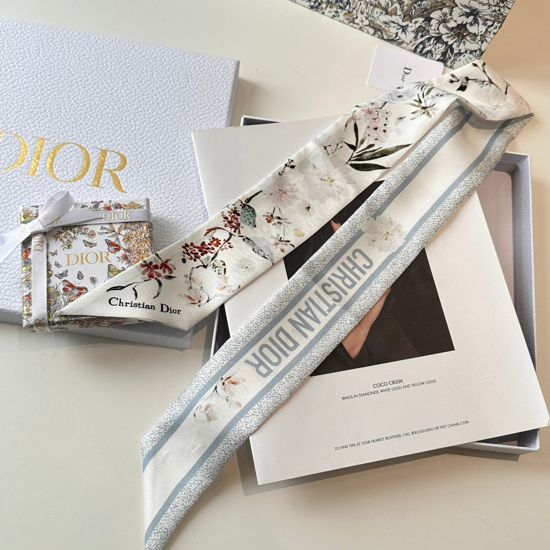 CD Twilly Mini Scarf 105cm White Baby Blue Mulberry Silk 766735