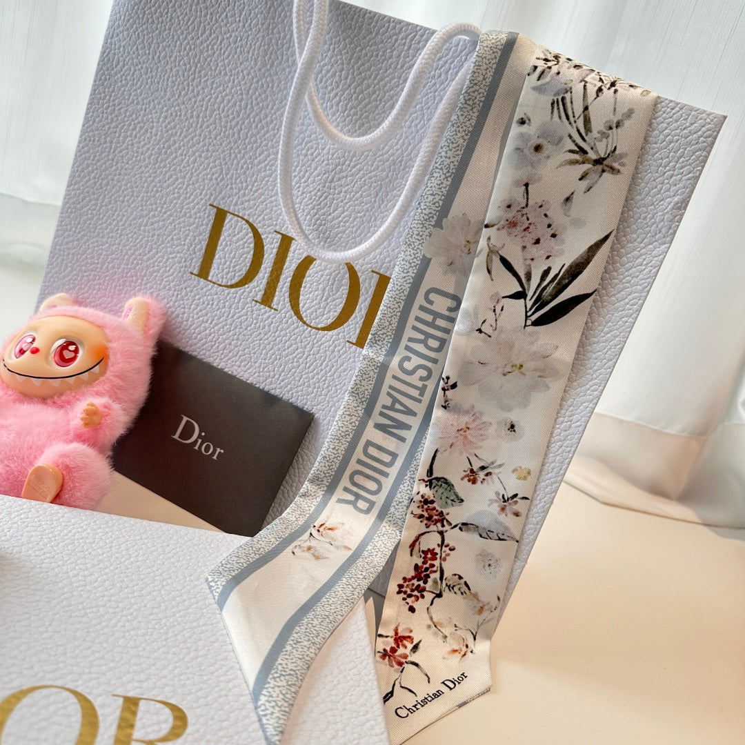 CD Twilly Mini Scarf 105cm White Baby Blue Mulberry Silk 766735