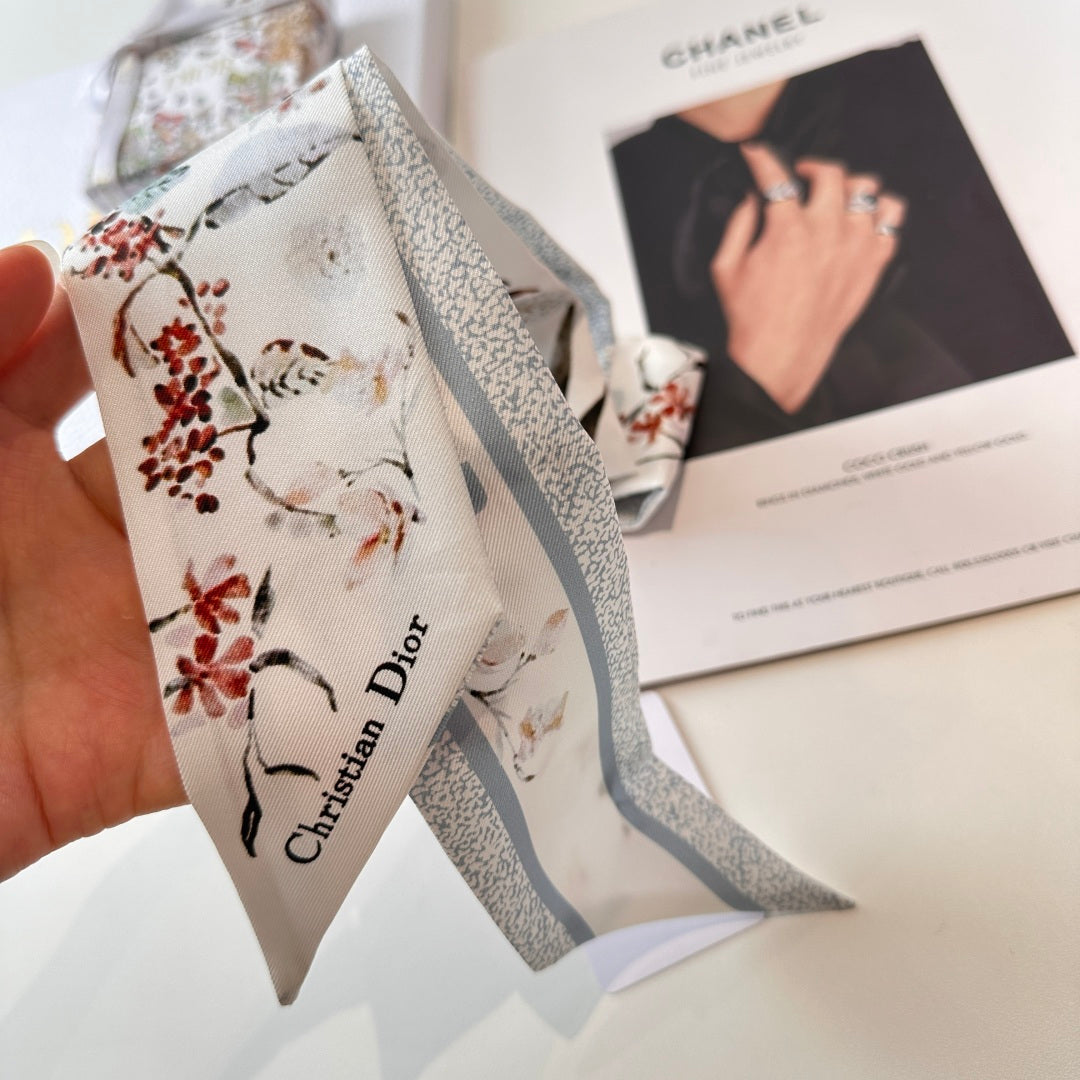 CD Twilly Mini Scarf 105cm White Baby Blue Mulberry Silk 766735