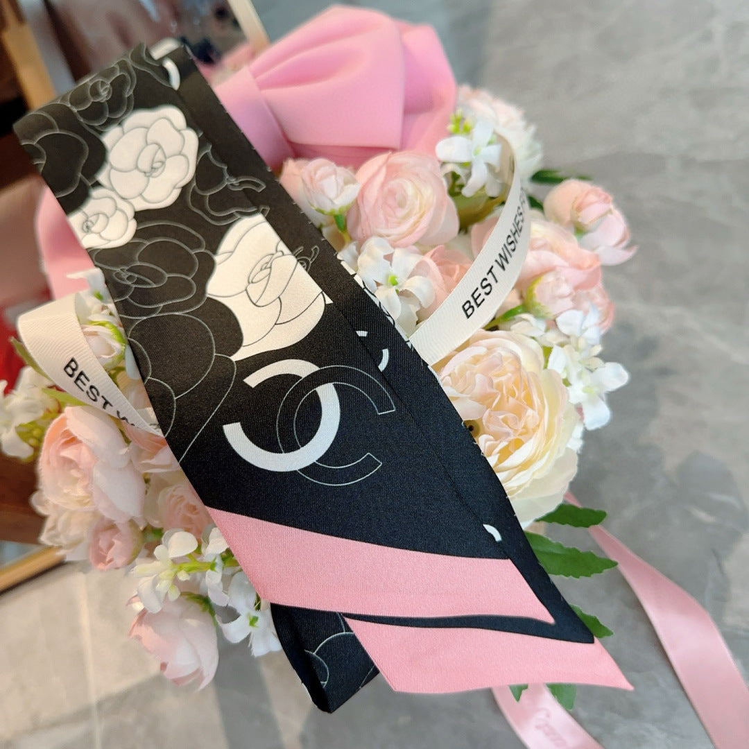 CC  Twilly Mini Scarf 120cm Black Pink Mulberry Silk 953290