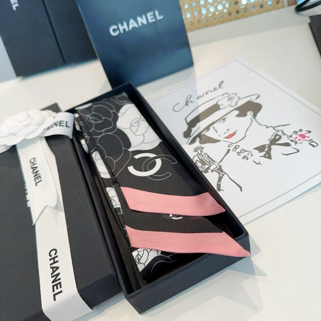 CC  Twilly Mini Scarf 120cm Black Pink Mulberry Silk 953290