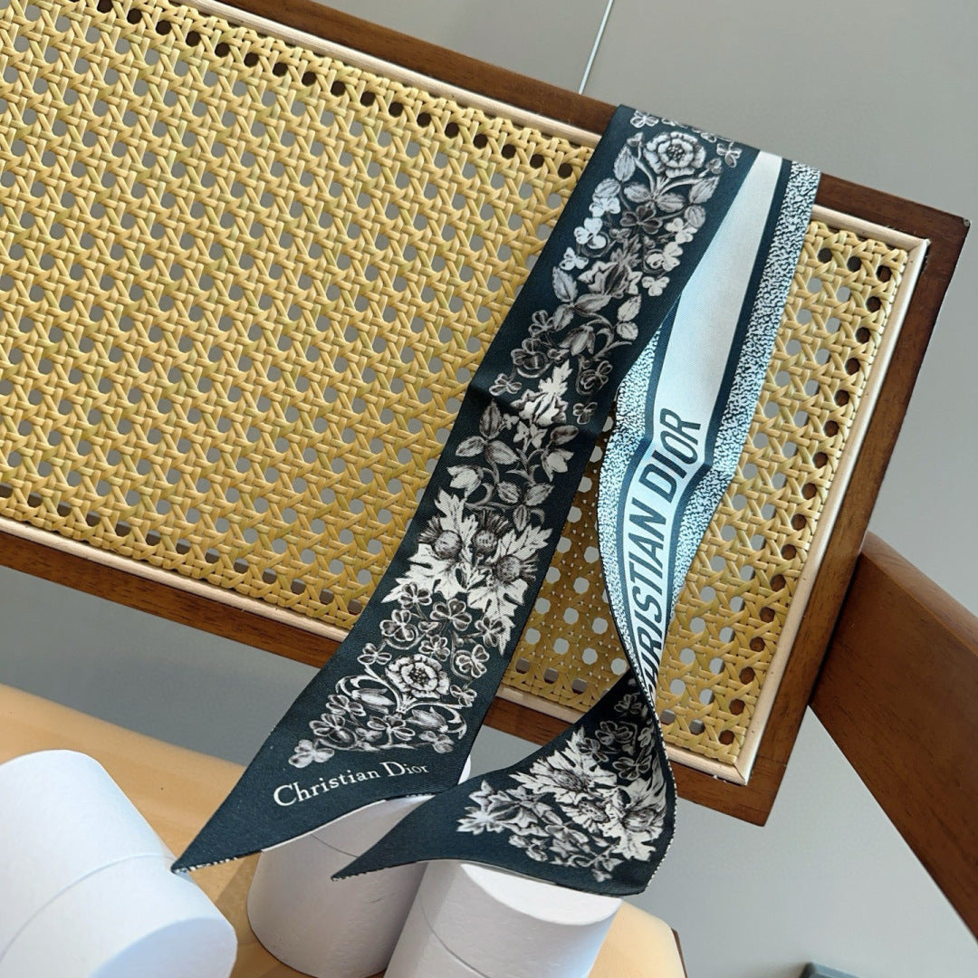 CD Twilly Mini Scarf 120cm Floral Black Mulberry Silk 958866