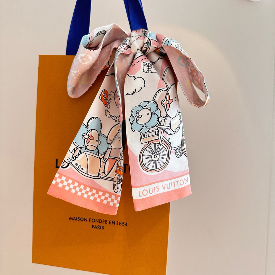 LV  Twilly Mini Scarf 86 Midnight Light Pink Silk Twill 967476