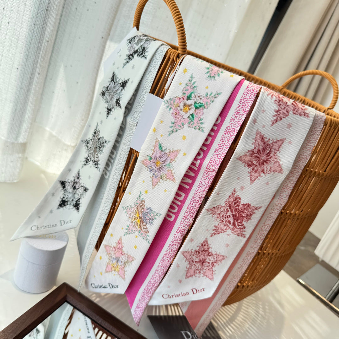 CD Twilly Mini Scarf 105cm White Dark Pink Mulberry Silk 969064