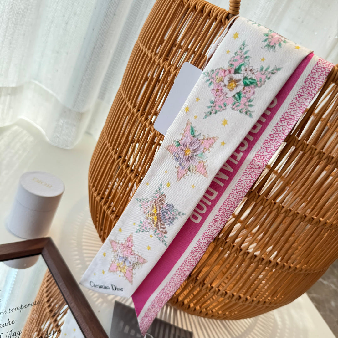 CD Twilly Mini Scarf 105cm White Dark Pink Mulberry Silk 969064